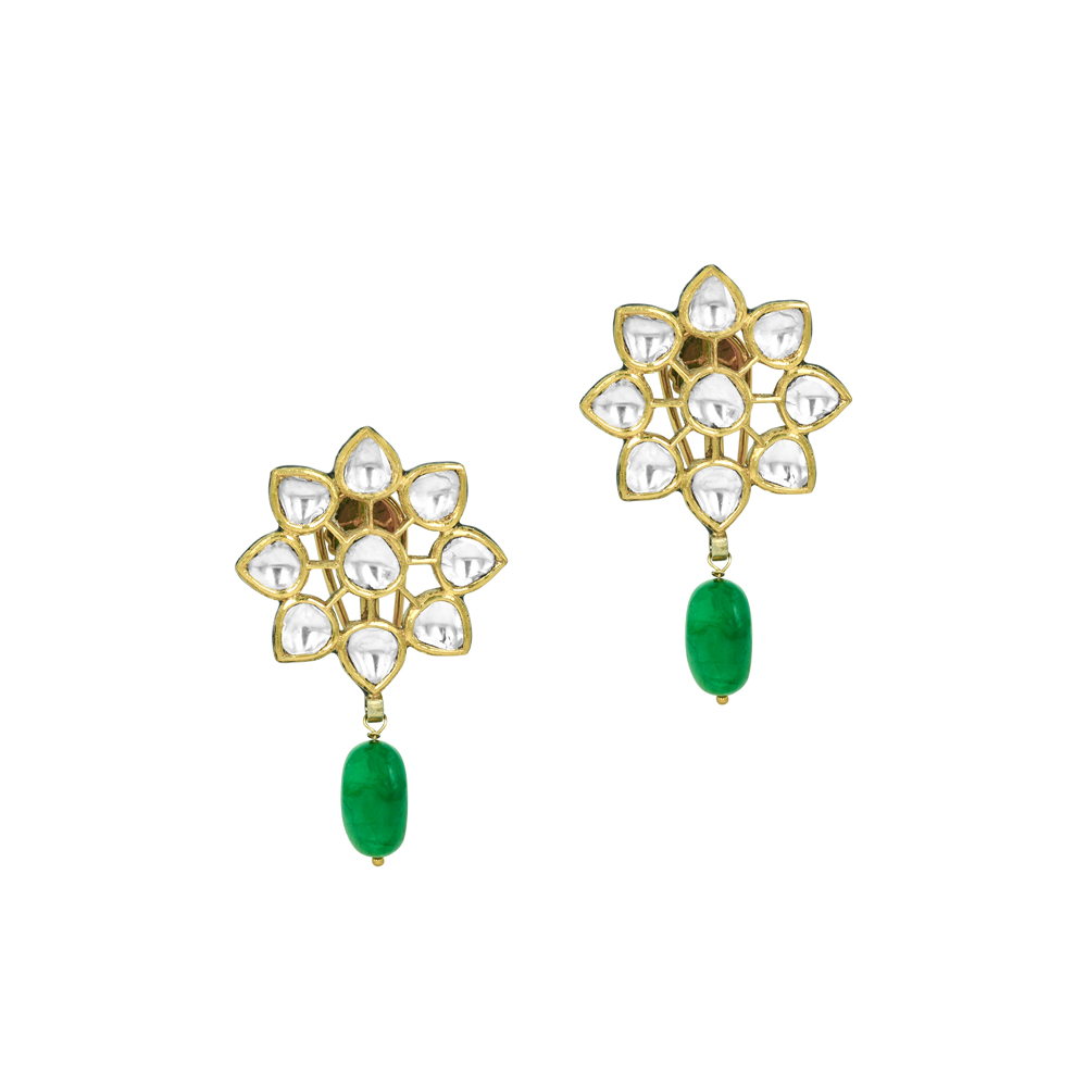 Floral Polki Earrings with Emerald Drops